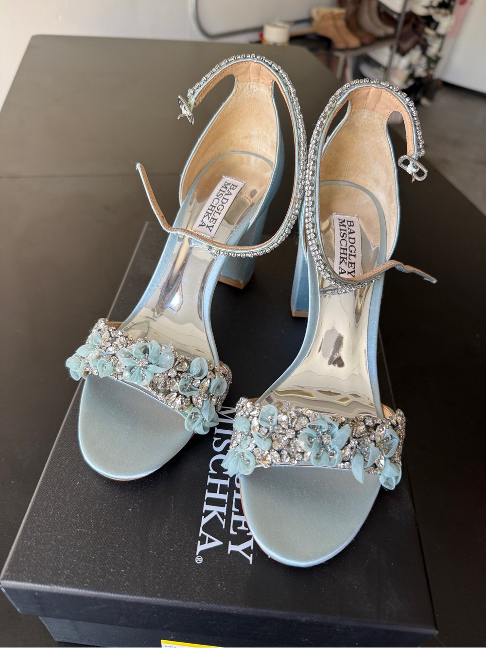 Badgley Mischka Pale Blue Satin Crystal & Floral Embellished Ankle-Strap Heels